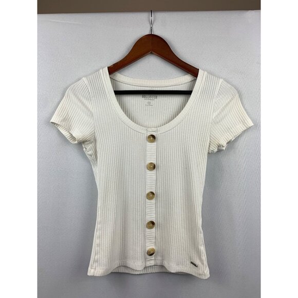 Hollister White Ribbed Button-Front Short Sleeve Top Size S - Picture 1 of 7